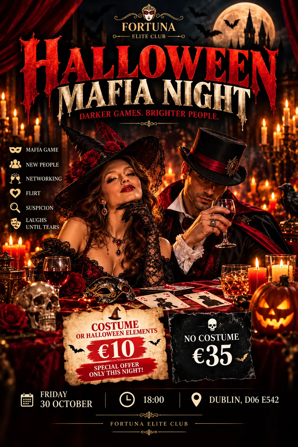 Poster for Halloween Mafia Night at Fortuna Elite Club: Friday 30 October, 18:00, Dublin D06 E542. Entry €10 in a costume or with Halloween elements, €35 without a costume.